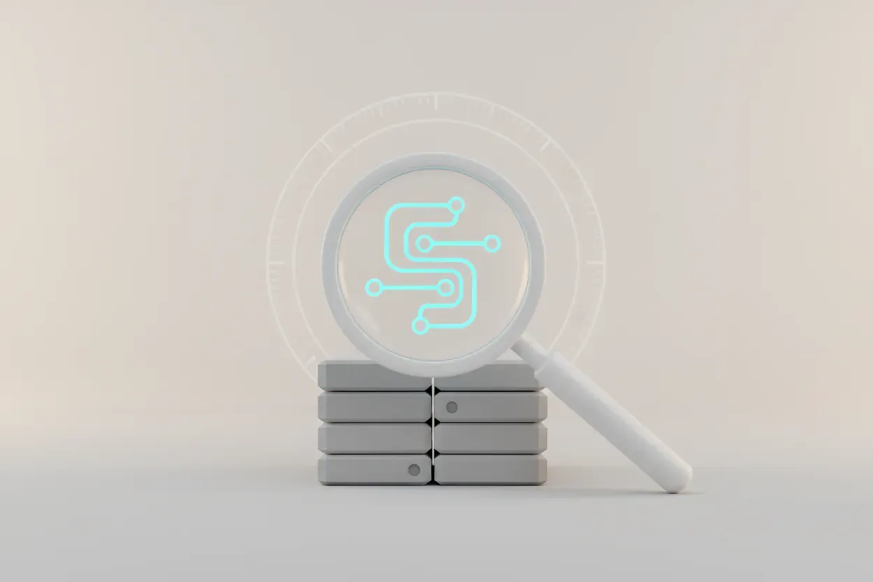 Magnifying glass reveals a glowing path through stacked software modules, implying faster troubleshooting, on a soft gray background.