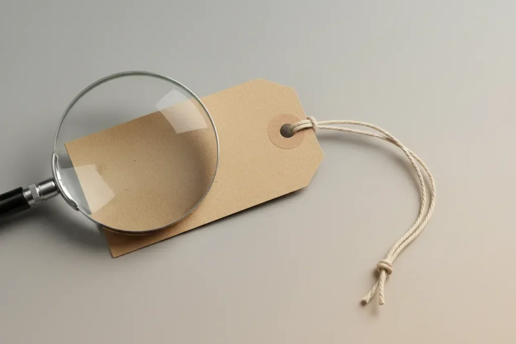 Blank kraft price tag under a glass magnifying lens on a soft gray background, symbolizing startup pricing strategy.