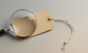 Blank kraft price tag under a glass magnifying lens on a soft gray background, symbolizing startup pricing strategy.