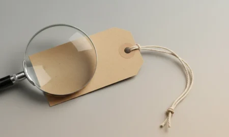 Blank kraft price tag under a glass magnifying lens on a soft gray background, symbolizing startup pricing strategy.