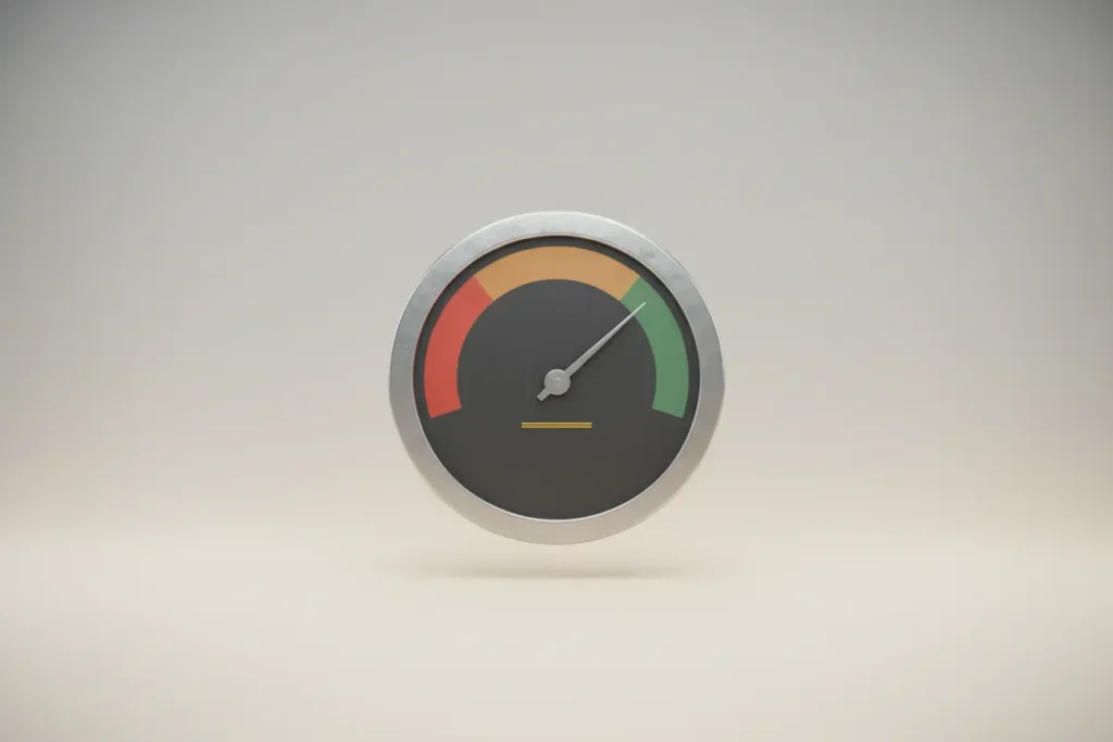 Minimalist KPI gauge with needle in the green, crossing a threshold on a soft background, signaling time to scale.