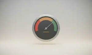 Minimalist KPI gauge with needle in the green, crossing a threshold on a soft background, signaling time to scale.