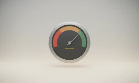 Minimalist KPI gauge with needle in the green, crossing a threshold on a soft background, signaling time to scale.