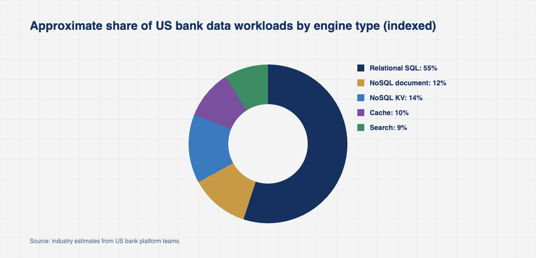 Donut chart showing the approximate share of US bank workloads served by relational SQL engines, NoSQL document stores, NoSQL key value stores, in memory caches, and search engines in 2025