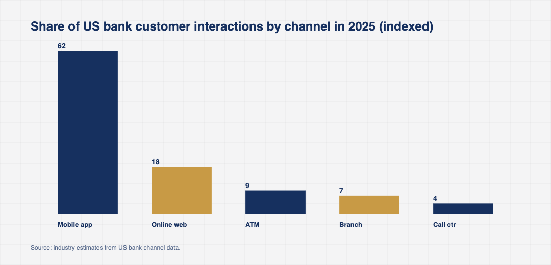 Bar chart comparing the share of US bank customer interactions across mobile app, online banking website, ATM, branch, and call center in 2025