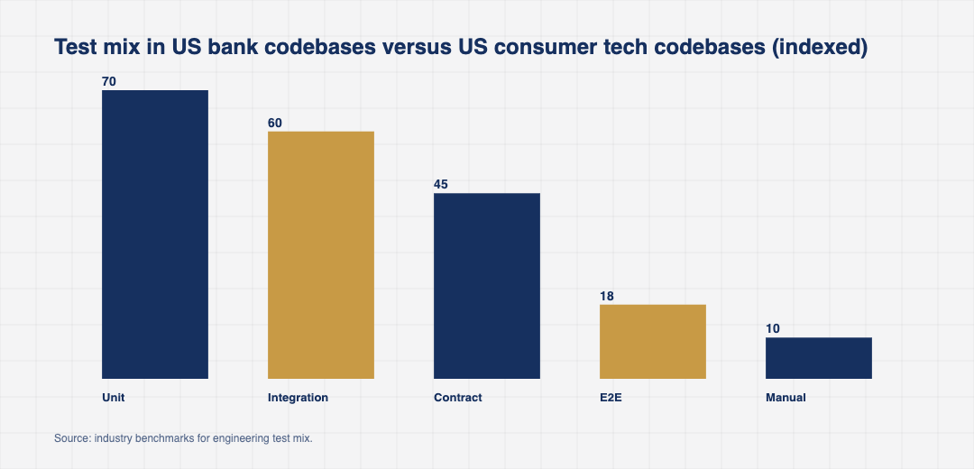 Bar chart comparing the relative share of unit tests, integration tests, contract tests, and end to end tests in a typical US bank engineering codebase versus a typical US consumer technology company codebase in 2025