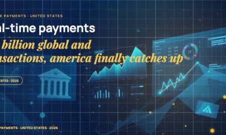 Stylised geometric financial dashboards floating in layered depth, glowing data streams arcing between abstract bank silhouettes, scattered fragments of charts and ledgers, particle field.