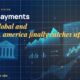 Stylised geometric financial dashboards floating in layered depth, glowing data streams arcing between abstract bank silhouettes, scattered fragments of charts and ledgers, particle field.