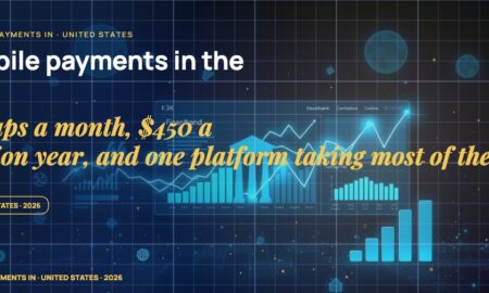 Stylised geometric financial dashboards floating in layered depth, glowing data streams arcing between abstract bank silhouettes, scattered fragments of charts and ledgers, particle field.