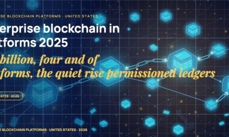 Multiple stylised blockchain nodes connected by glowing chain links, hexagonal block containers with stacked transaction blocks, scattered fragments of distributed ledger entries.