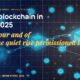 Multiple stylised blockchain nodes connected by glowing chain links, hexagonal block containers with stacked transaction blocks, scattered fragments of distributed ledger entries.