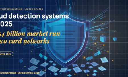 Layered geometric shield with cyan scanning beam, stylised customer record cards being scanned, alert ring sparks, scattered fragments of transaction ledgers.