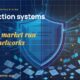 Layered geometric shield with cyan scanning beam, stylised customer record cards being scanned, alert ring sparks, scattered fragments of transaction ledgers.