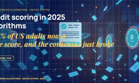 Stylised loan application cards flowing through credit decision gates, glowing approval and risk dials, scattered fragments of borrower profiles.