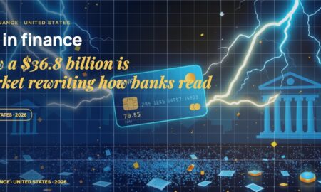 Stylised payment cards floating with glowing lightning arcs between bank silhouettes, scattered fragments of receipts and authorization tokens, particle field.