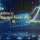 Stylised payment cards floating with glowing lightning arcs between bank silhouettes, scattered fragments of receipts and authorization tokens, particle field.
