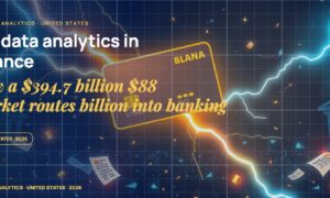Stylised payment cards floating with glowing lightning arcs between bank silhouettes, scattered fragments of receipts and authorization tokens, particle field.