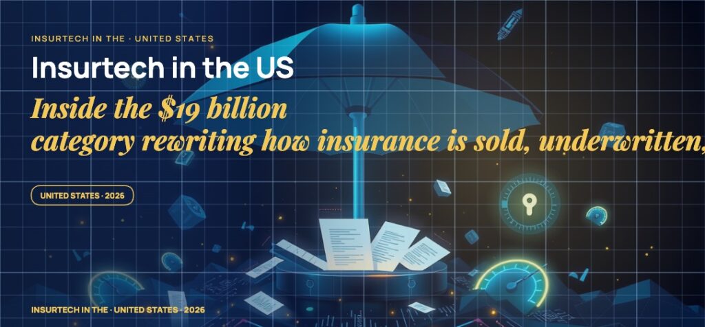 A stylised umbrella over abstract insured assets, glowing policy contracts orbiting around, scattered fragments of risk-rating gauges.