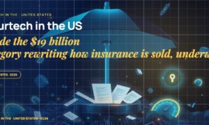 A stylised umbrella over abstract insured assets, glowing policy contracts orbiting around, scattered fragments of risk-rating gauges.