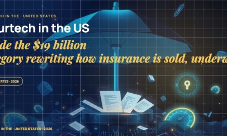 A stylised umbrella over abstract insured assets, glowing policy contracts orbiting around, scattered fragments of risk-rating gauges.