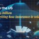 A stylised umbrella over abstract insured assets, glowing policy contracts orbiting around, scattered fragments of risk-rating gauges.