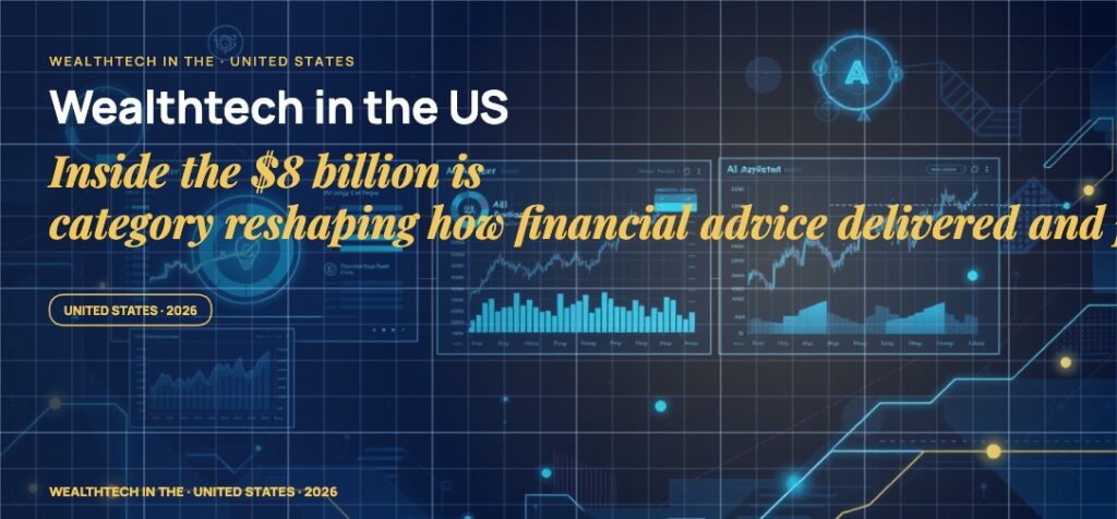 Stylised financial dashboards and portfolio charts floating in layered depth, AI advisor co-pilot glyphs connected by luminous data lines, fragments of trading windows.