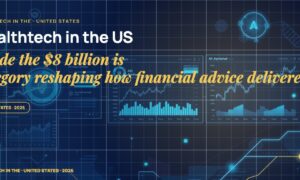 Stylised financial dashboards and portfolio charts floating in layered depth, AI advisor co-pilot glyphs connected by luminous data lines, fragments of trading windows.