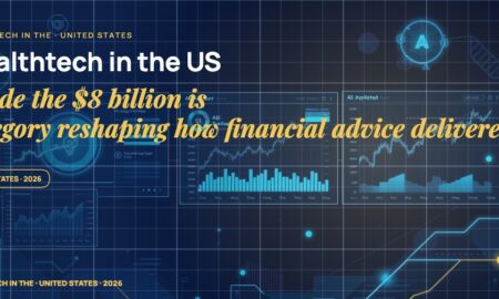 Stylised financial dashboards and portfolio charts floating in layered depth, AI advisor co-pilot glyphs connected by luminous data lines, fragments of trading windows.
