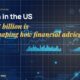 Stylised financial dashboards and portfolio charts floating in layered depth, AI advisor co-pilot glyphs connected by luminous data lines, fragments of trading windows.