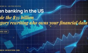 Stylised geometric financial dashboards floating in layered depth, glowing data streams arcing between abstract bank silhouettes, scattered fragments of charts and ledgers, particle field.
