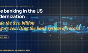 Stylised geometric financial dashboards floating in layered depth, glowing data streams arcing between abstract bank silhouettes, scattered fragments of charts and ledgers, particle field.