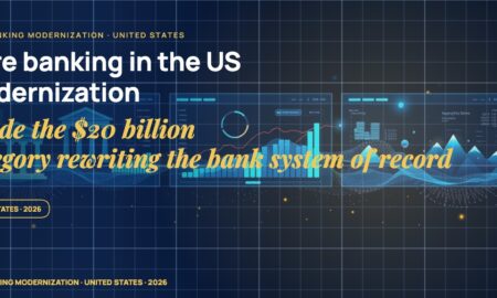 Stylised geometric financial dashboards floating in layered depth, glowing data streams arcing between abstract bank silhouettes, scattered fragments of charts and ledgers, particle field.