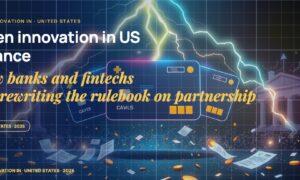 Stylised payment cards floating with glowing lightning arcs between bank silhouettes, scattered fragments of receipts and authorization tokens, particle field.