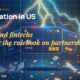 Stylised payment cards floating with glowing lightning arcs between bank silhouettes, scattered fragments of receipts and authorization tokens, particle field.