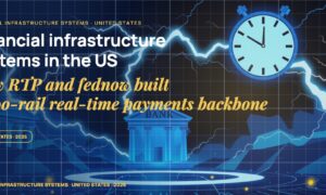 Instant payment lightning arcs flowing between abstract bank silhouettes, a 24/7 clock ring around the scene, stylised payment dispatch containers.