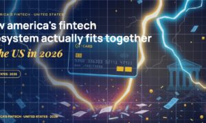 Stylised payment cards floating with glowing lightning arcs between bank silhouettes, scattered fragments of receipts and authorization tokens, particle field.