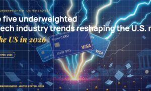 Stylised payment cards floating with glowing lightning arcs between bank silhouettes, scattered fragments of receipts and authorization tokens, particle field.