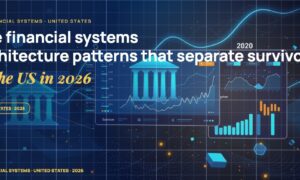Stylised geometric financial dashboards floating in layered depth, glowing data streams arcing between abstract bank silhouettes, scattered fragments of charts and ledgers, particle field.