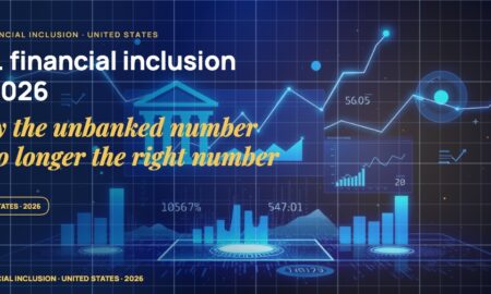 Stylised geometric financial dashboards floating in layered depth, glowing data streams arcing between abstract bank silhouettes, scattered fragments of charts and ledgers, particle field.