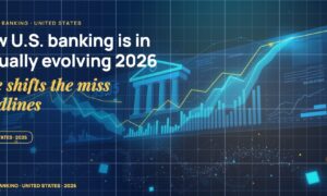 Stylised geometric financial dashboards floating in layered depth, glowing data streams arcing between abstract bank silhouettes, scattered fragments of charts and ledgers, particle field.