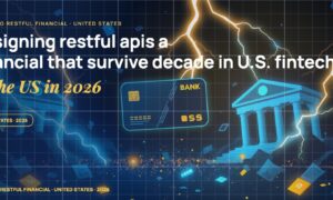 Stylised payment cards floating with glowing lightning arcs between bank silhouettes, scattered fragments of receipts and authorization tokens, particle field.