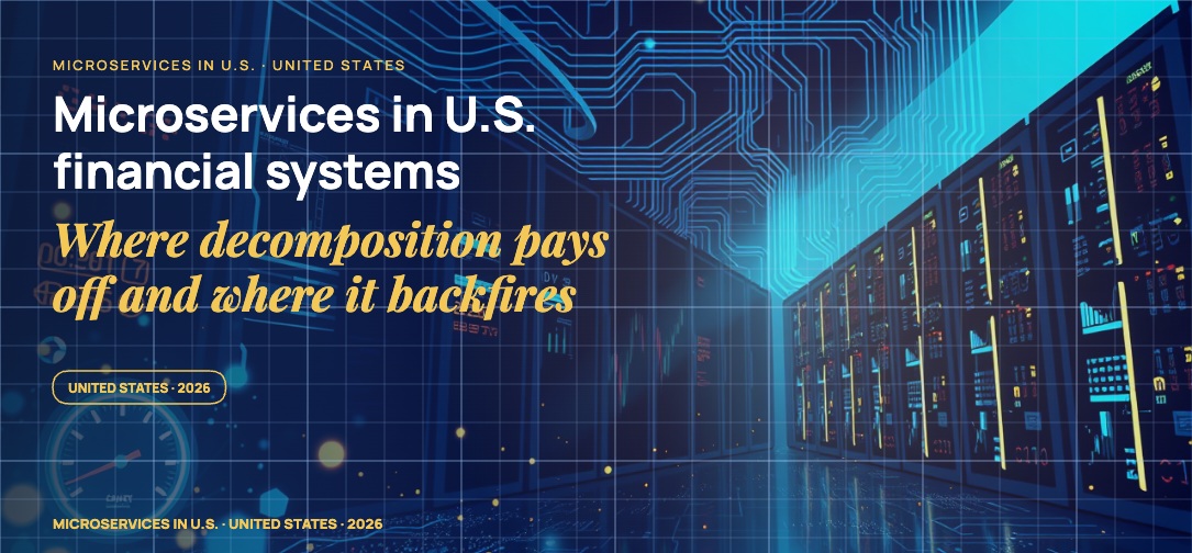 Stylised server rack silhouettes connected by glowing data conduits, latency gauge dials in the foreground, scattered fragments of trading dashboards, message-flow particle field.