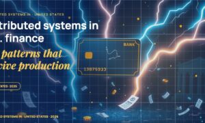 Stylised payment cards floating with glowing lightning arcs between bank silhouettes, scattered fragments of receipts and authorization tokens, particle field.
