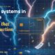 Stylised payment cards floating with glowing lightning arcs between bank silhouettes, scattered fragments of receipts and authorization tokens, particle field.