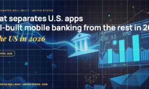 Stylised geometric financial dashboards floating in layered depth, glowing data streams arcing between abstract bank silhouettes, scattered fragments of charts and ledgers, particle field.