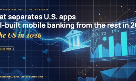 Stylised geometric financial dashboards floating in layered depth, glowing data streams arcing between abstract bank silhouettes, scattered fragments of charts and ledgers, particle field.