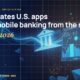 Stylised geometric financial dashboards floating in layered depth, glowing data streams arcing between abstract bank silhouettes, scattered fragments of charts and ledgers, particle field.