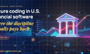Stylised geometric financial dashboards floating in layered depth, glowing data streams arcing between abstract bank silhouettes, scattered fragments of charts and ledgers, particle field.