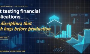 Stylised geometric financial dashboards floating in layered depth, glowing data streams arcing between abstract bank silhouettes, scattered fragments of charts and ledgers, particle field.