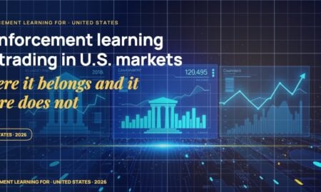 Stylised geometric financial dashboards floating in layered depth, glowing data streams arcing between abstract bank silhouettes, scattered fragments of charts and ledgers, particle field.